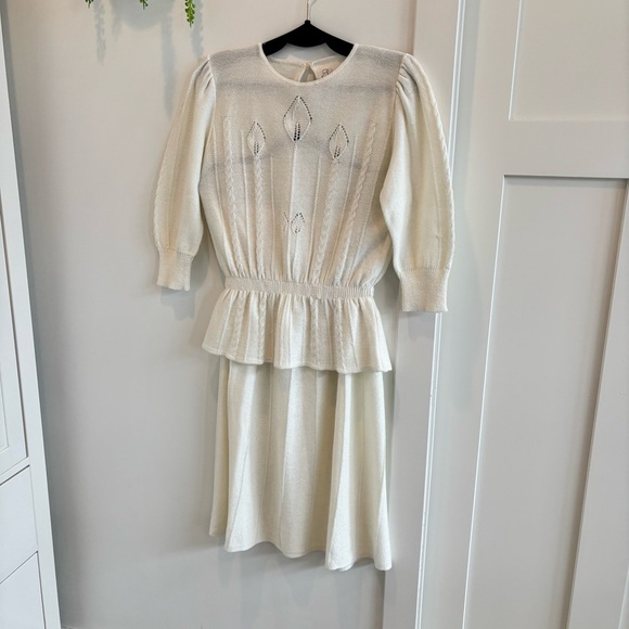 Vintage 70's Savion by Ignacy Feuer Cream Women's Knit Skirt Set Peplum Size 10 - Picture 2 of 16